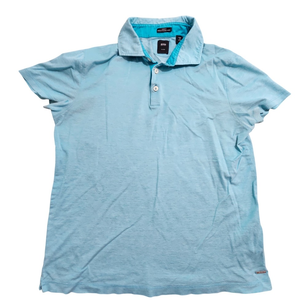 Hugo Boss Polo Shirt Mens Medium Blue Slim Fit T-Pryde 33 Italian Fabric